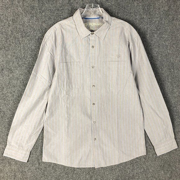 Red Herring Dress Shirt Men's Large Long Sleeve Gray Striped 100% Cotton Adults - Picture 1 of 9